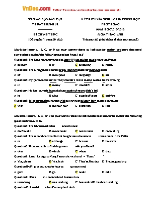 Đề thi tuyển sinh vào Lớp 10 THPT môn Tiếng Anh - Năm học 2015-2016 - Sở giáo dục và đào tạo Thừa Thiên Huế (Kèm đáp án)